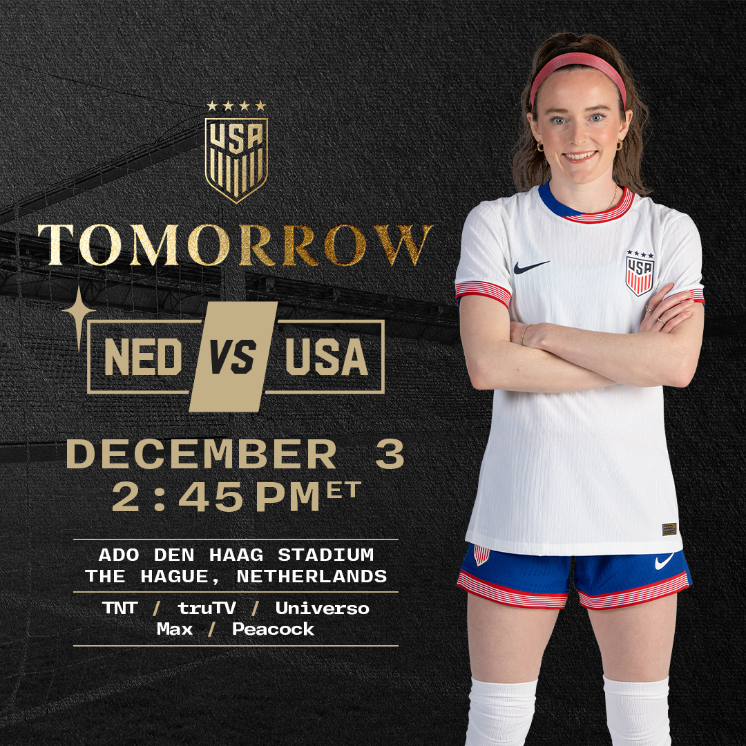 USWNT's tweet photo. The 2024 finale is on deck!

🇳🇱 NED vs. USA 🇺🇸
📆 Tomorrow, December 3
⏰ 2:45 PM ET https://t.co/mkYdmItHkU