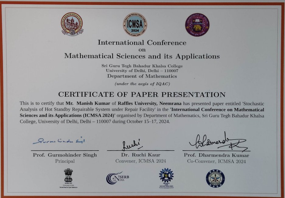 ✨ Thrilled to present my research paper "Stochastic Analysis of Hot Standby Repairable System under Repair Facility" at #ICMSA2024, hosted by Sri Guru Tech Bahadur Khalsa College, University of Delhi. 🎓

#ReliabilityEngineering #Mathematics #Research #ConferencePresentation