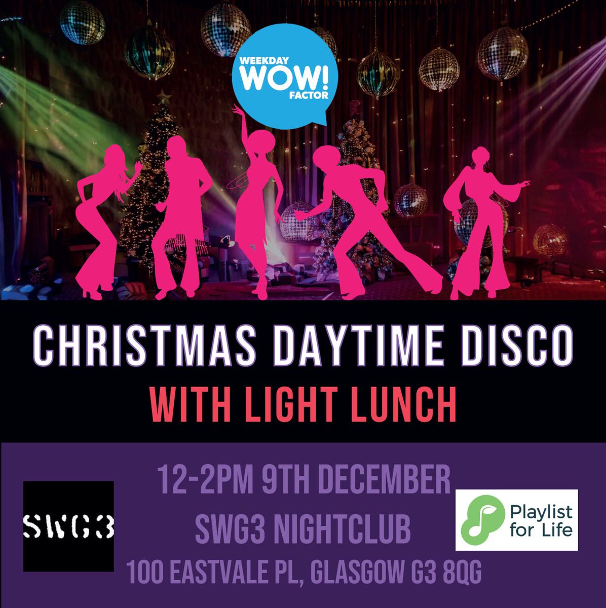 Weekday Wow Factor (@weekdaywow) on Twitter photo The countdown is on to our Christmas Daytime Disco at SWG3! Join us on Monday 9th December from 12-2pm for a festive celebration filled with music and dancing. Spaces are limited, so don’t wait. To book your place, text /WhatsApp 07717 732 542 or email weekdaywowfactor@gmail.com The countdown is on to our Christmas Daytime Disco at SWG3! Join us on Monday 9th December from 12-2pm for a festive celebration filled with music and dancing. Spaces are limited, so don’t wait. To book your place, text /WhatsApp 07717 732 542 or email weekdaywowfactor@gmail.com