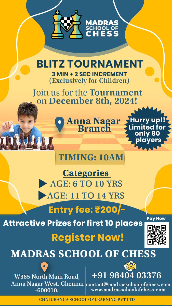 madraschess's tweet image. 𝐁𝐥𝐢𝐭𝐳 𝐂𝐡𝐞𝐬𝐬 𝐓𝐨𝐮𝐫𝐧𝐚𝐦𝐞𝐧𝐭 (3 min + 2 sec increment)  - 𝐌𝐚𝐝𝐫𝐚𝐬 𝐒𝐜𝐡𝐨𝐨𝐥 𝐨𝐟 𝐂𝐡𝐞𝐬𝐬, 𝐀𝐧𝐧𝐚 𝐍𝐚𝐠𝐚𝐫.
🎯 𝐑𝐞𝐠𝐢𝐬𝐭𝐞𝐫 𝐧𝐨𝐰- form.jotform.com/243323292928460
&amp;amp; 𝗣𝗮𝘆 𝗻𝗼𝘄: rzp.io/rzp/H1uPvSV

#ChessTournament #BlitzChess #MadrasSchoolOfChess