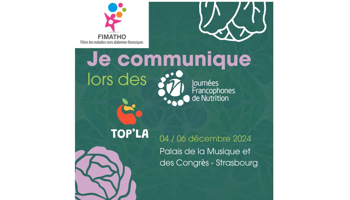 La  filière FIMATHO  sera présente aux #JFN2024 sur le stand A04 !
Participez vous aussi aux Journées Francophones de Nutrition du 4 au 6 décembre au Palais de la Musique et des Congrès de Strasbourg. 
👉 Pour plus d'informations : lesjfn.fr

#FIMATHO #maladiesrares