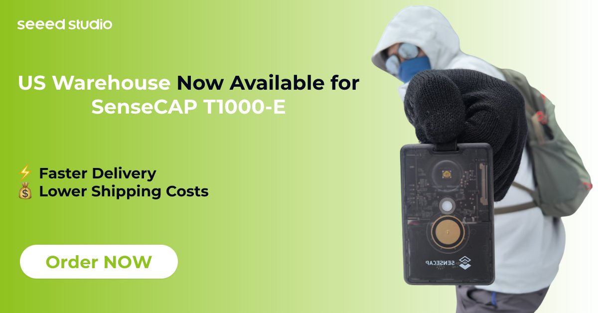 seeedstudio's tweet photo. 🎉 Great News for US Customers: SenseCAP T1000-E Now Ships from Our US Warehouse!

🚚 Faster delivery straight to your doorstep
💸 Lower shipping costs—save more!

Order now and enjoy a quicker, more affordable shopping experience: https://t.co/f7Y8yerWuS

#SenseCAP #USWarehouse #lora #T1000E #Seeed #tracker #meshtastic
