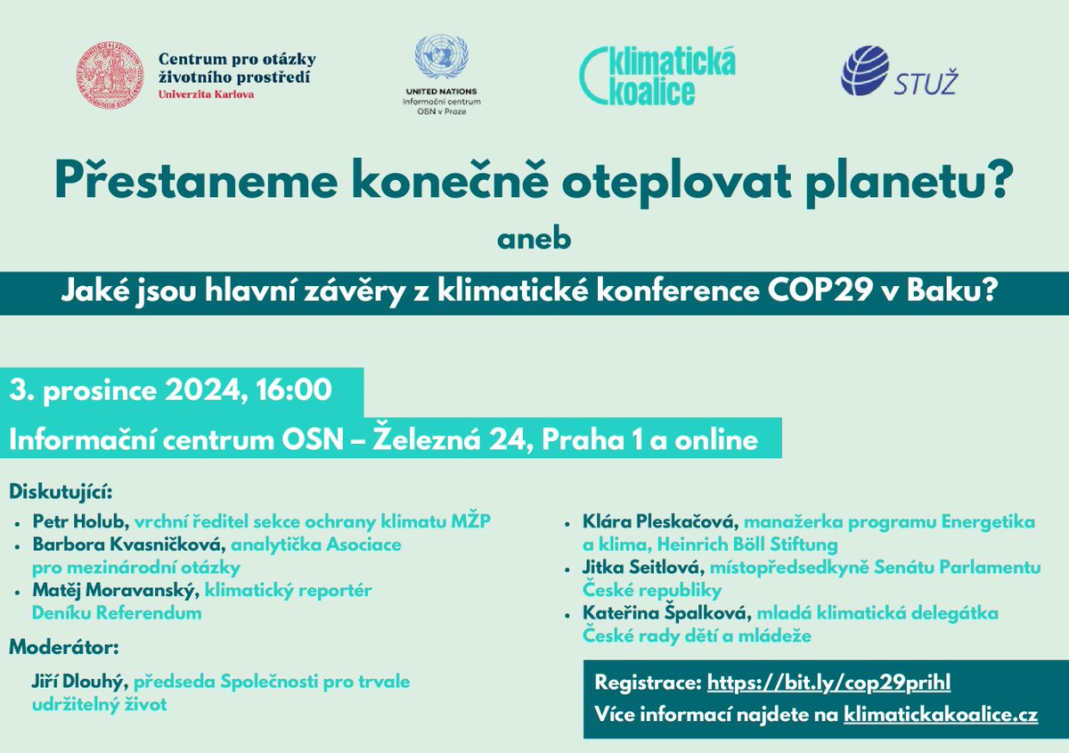 AMO_klima's tweet photo. Další klimatická konference je za námi. Blíží se svět přechodu na udržitelnou ekonomiku?

@KlimaKoalice vás zve na debatu s @MorMatej, @holub_budovy, @spalkovna a naše @KvasnickovaBara.

Zítra v Informačním centru OSN (fyzicky) a online (https://t.co/lSIk4JrJWR). https://t.co/TzCnwOIUgW