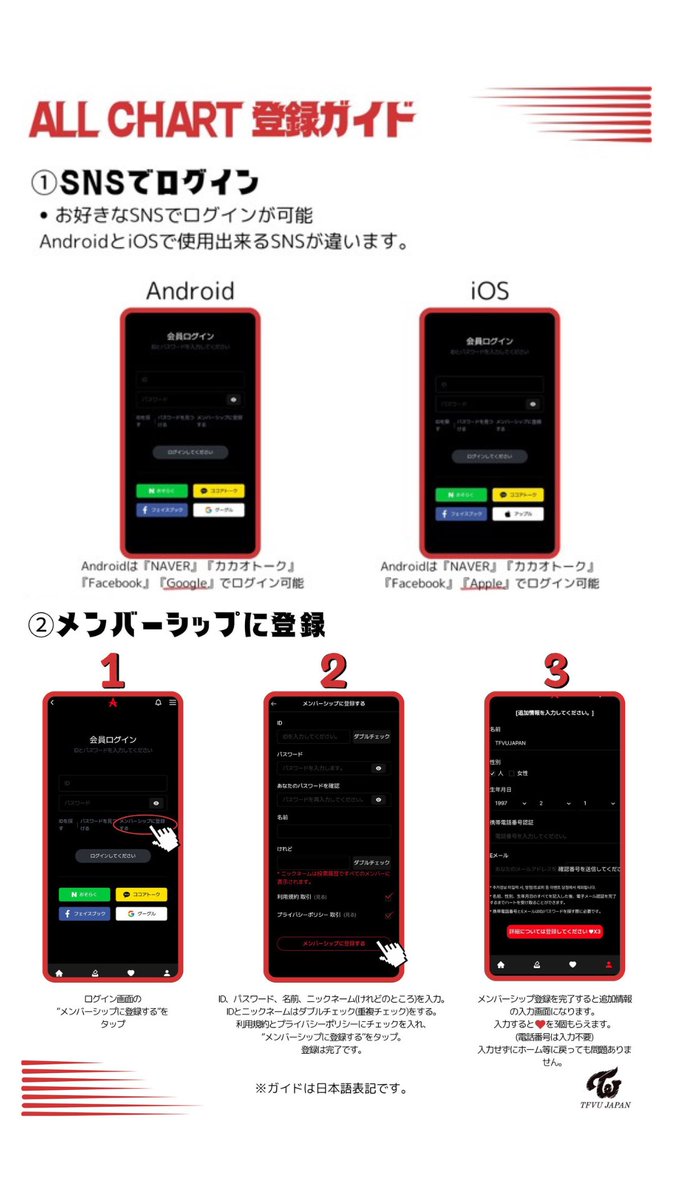 TFVUnion_Japan's tweet photo. 【ALL CHARTアプリ 登録編】

音楽番組
『MUSIC BANK（金曜）』(事前投票)

アプリ
🍎: https://t.co/cdmkqNSK76
🤖: https://t.co/iXdVeJpjMb

🗳️1投票=5❤必要

AllChartの収集者が足りません🆘
iOSの端末ではGoogleアカウントの項目はなく、メンバーシップ登録により簡単にアカウントを作成できます。
次に続くリプの収集ガイドを参考に、1人でも多く１つでも多い❤️の収集をお願いします🤝