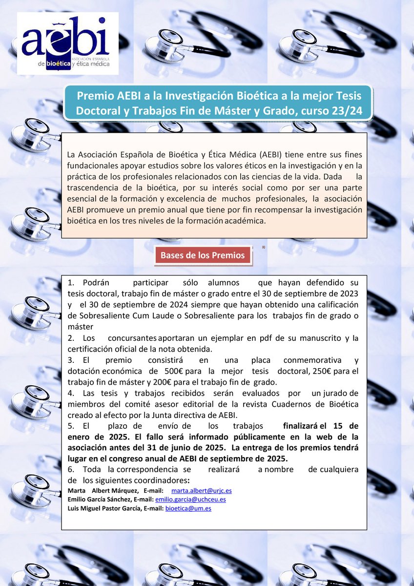 Premio AEBI a la Investigación Bioética a la mejor Tesis Doctoral y Trabajos Fin de Máster y Grado, curso 23/24