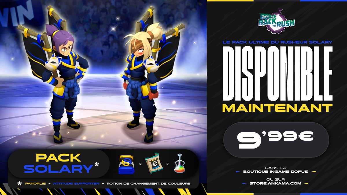 À l'occasion du #BackToRush l'équipe de <a href="/DOFUSfr/">DOFUS</a> nous a cook une panoplie Slymouraï à notre effigie 🥷

Disponible pour 9,99€ sur l'Ankama store et boutique in-game 💛💙
🛒 bit.ly/Solary-Panoplie

Collaboration commerciale