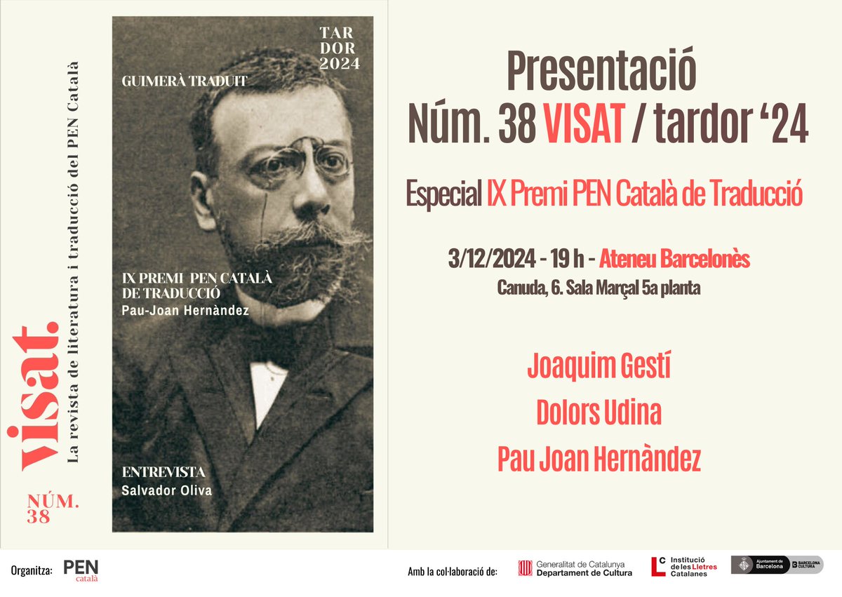 📅DEMÀ presentem l'edició número 38 de Visat!   
Amb <a href="/JoaquimGesti/">Joaquim Gesti</a>, <a href="/destret/">dolors udina</a>,  i Pau Joan Hernàndez, guanyador del Premi Montserrat Franquesa de Traducció del PEN Català.   
⌚️19 h
📍Sala Marçal, Ateneu Barcelonès