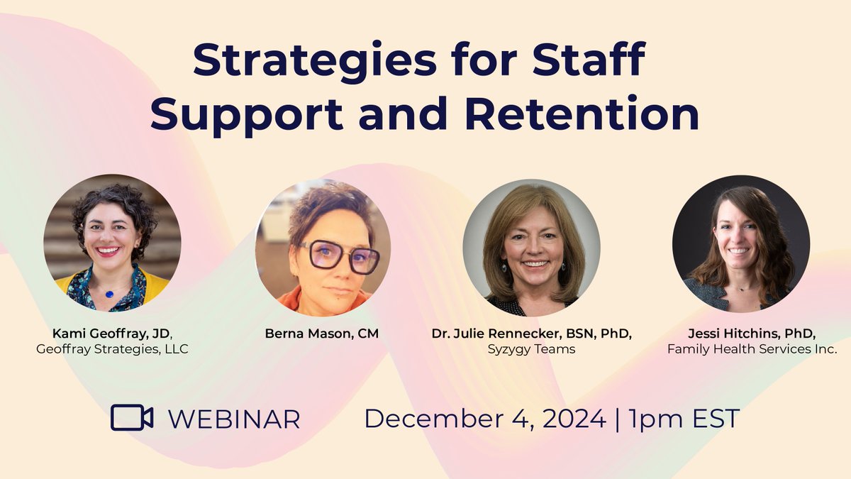 There's still time to sign up for Wednesday's webinar on Strategies for Staff Support and Retention! Learn about strategies, action steps, &amp; resources to develop an open, responsive, and supportive work environment from experts in the field. Register now: rhntc.org/events/strateg…