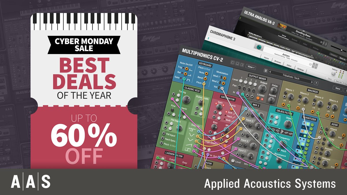 Cyber Monday is here! Check out our best deals of the year! applied-acoustics.com/promo/ – 60% OFF all bundles – 55% OFF all synths + One free expansion pack of your choice – 50% OFF all sound packs