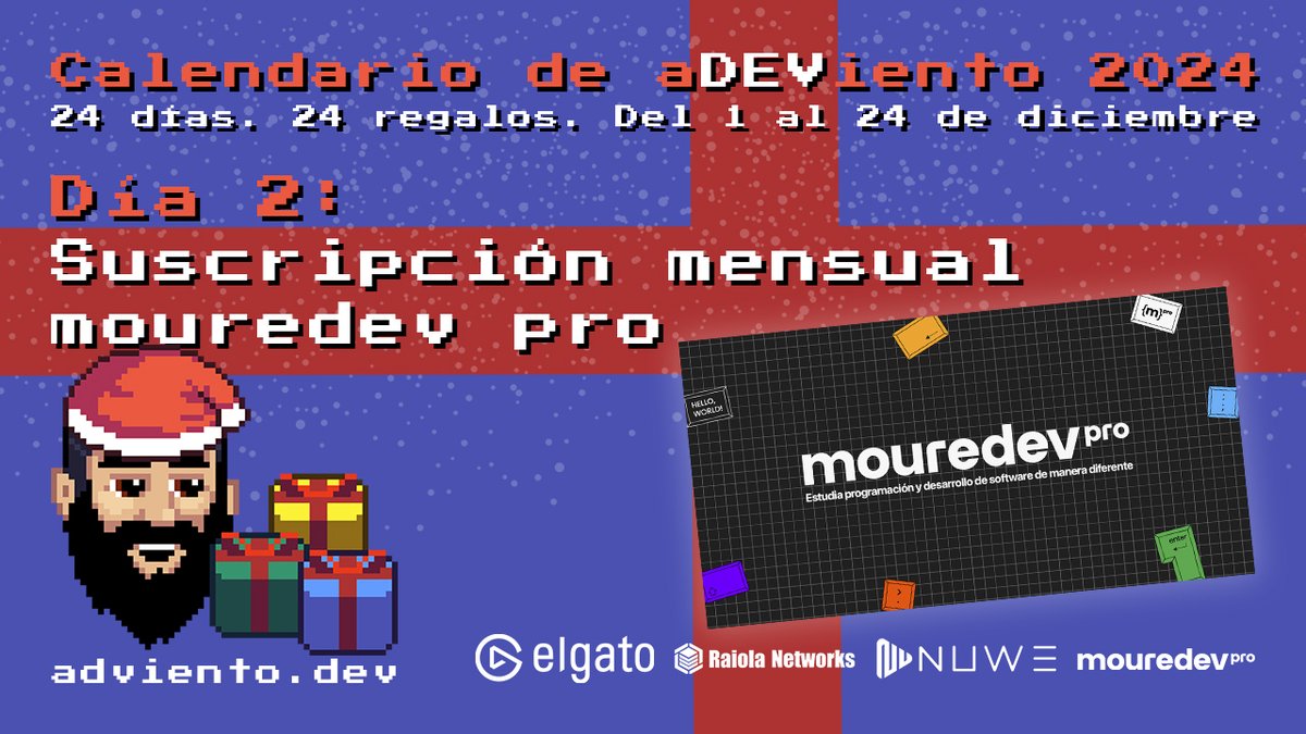 MoureDev's tweet image. 🎁 Comienza el día 2 del #aDEViento2024!
24 días. 24 regalos para aprender programación

🗓️ Regalo: Suscripción mensual a &quot;mouredev pro&quot;
🔁 Sígueme y comparte esta publicación para participar
🌐 Válido para todo el mundo

Toda la info en adviento.dev