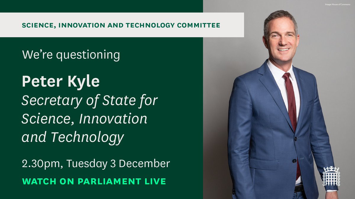 Science, Innovation and Technology Committee (@commonssitc) on Twitter photo Tomorrow, we're questioning the <a href="/SciTechgovuk/">Department for Science, Innovation and Technology</a> Secretary of State, <a href="/peterkyle/">Peter Kyle</a>, about his priorities for the new Parliament.
Find out more: committees.parliament.uk/event/22567/fo… Tomorrow, we're questioning the <a href="/SciTechgovuk/">Department for Science, Innovation and Technology</a> Secretary of State, <a href="/peterkyle/">Peter Kyle</a>, about his priorities for the new Parliament.
Find out more: committees.parliament.uk/event/22567/fo…