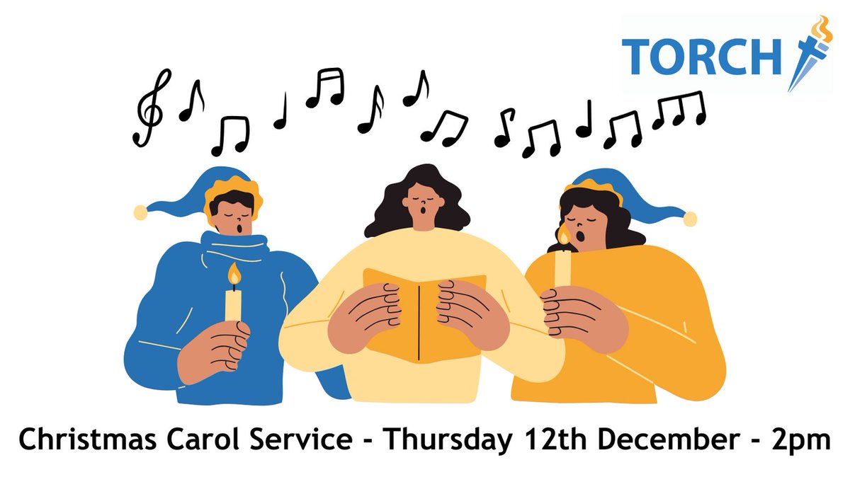 December is here and therefore so is our Christmas Carol Service! We would love to invite you to join us on Thursday 12th December at 2pm.

[Graphic of 3 carol singers wearing Torch trust blue and gold]

#CarolService #Christmas