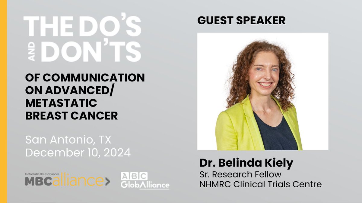 MBC Alliance (@mbcalliance) on Twitter photo We’re welcoming Dr. <a href="/BelindaKiely/">Belinda Kiely</a> to #SABCS24 on 12/10 for “The Do's & Don'ts of Communication on Advanced / Metastatic Breast Cancer.” Join us to hear her tips for how to communicate about disease progression and prognosis.
Register: MBCAlliance.org/Communication We’re welcoming Dr. <a href="/BelindaKiely/">Belinda Kiely</a> to #SABCS24 on 12/10 for “The Do's & Don'ts of Communication on Advanced / Metastatic Breast Cancer.” Join us to hear her tips for how to communicate about disease progression and prognosis.
Register: MBCAlliance.org/Communication