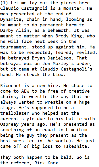 MattD_SC's tweet photo. Some tough love about the disaster which was Claudio vs Ricochet and the subsequent celebratory tweet from the owner of the company. https://t.co/Y84ZLLsddL