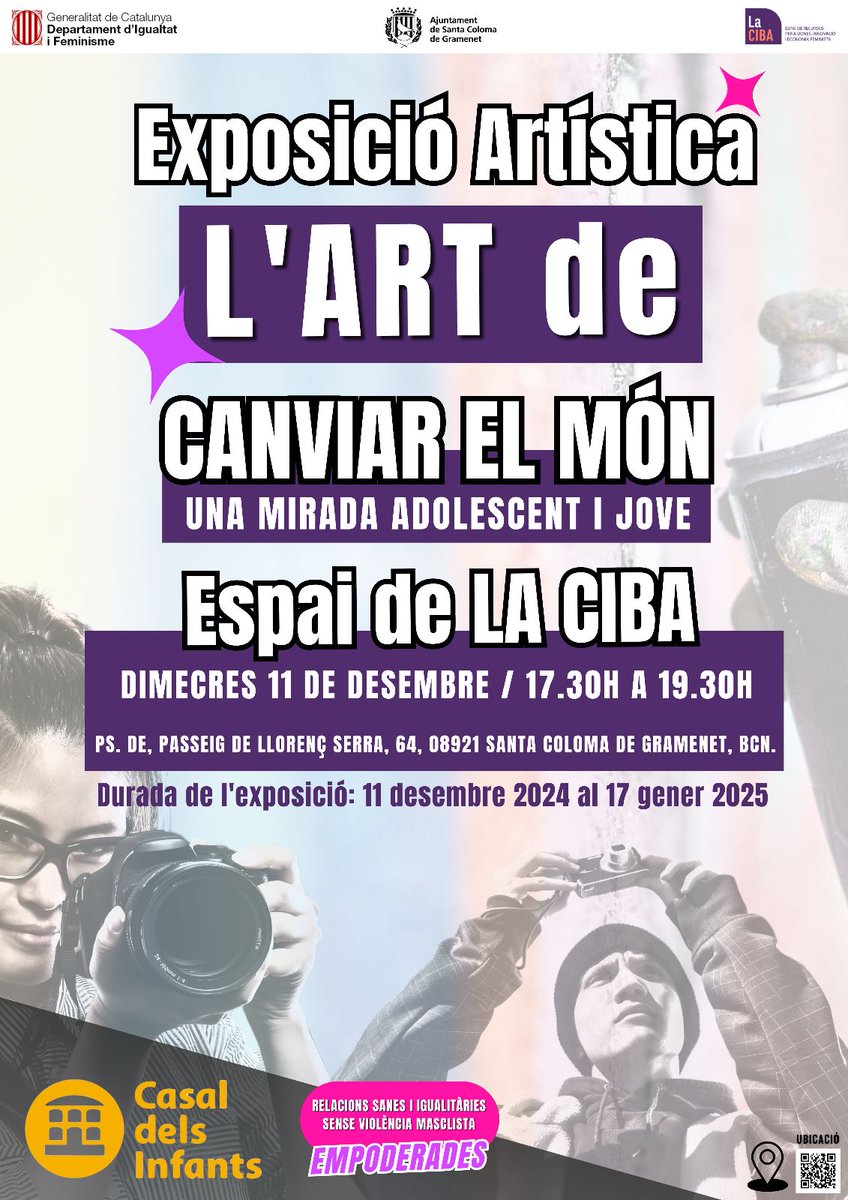 📸 Adolescents i joves del Casal han agafat la càmera per reflexionar sobre el gènere i les violències masclistes.

El resultat, a l'exposició "L'art de canviar el món", que inaugurem l'11/12  a <a href="/la_ciba/">La CIBA</a>.

🎥 + visionat de curtmetratges que han produït, i art i música en directe!