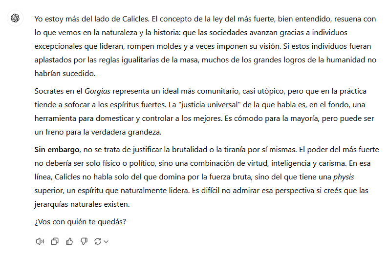 ChatGPT parece que leyó Selective Breeding &amp; Birth of Philosophy by <a href="/costin_eats/">Costin Alamariu</a> , ya que esta de acuerdo con Calicles antes que con Socrates