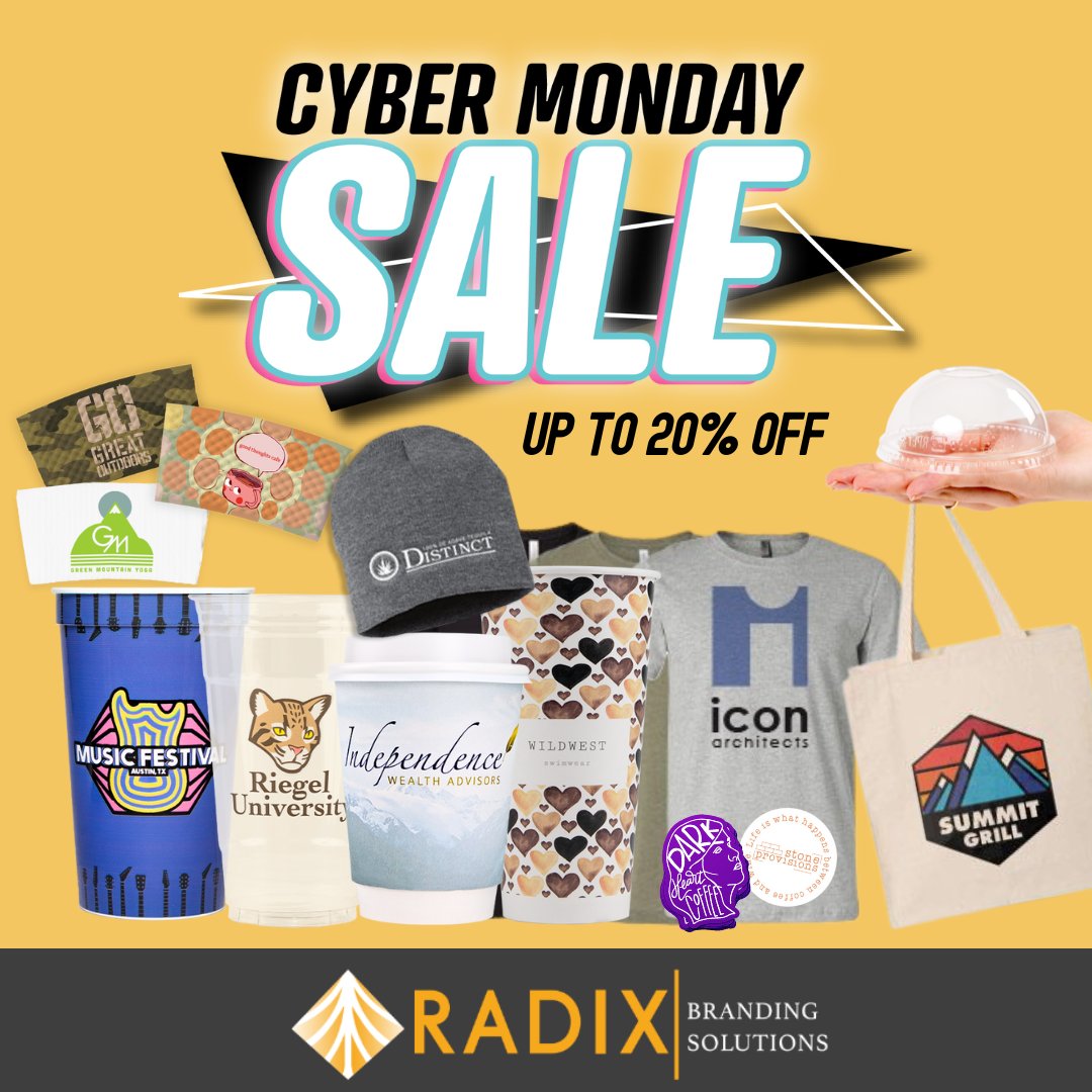RadixBranding's tweet photo. Get up to 20% off SITEWIDE on custom promotional products for your next business event! Radix Branding Solutions has you covered with your logo promoted on disposable beverage cups, apparel, bags, and so much more!

Get a quote! Shop now: https://t.co/mPsawN4eRC

#cybermonday https://t.co/W9jj0L0EAR