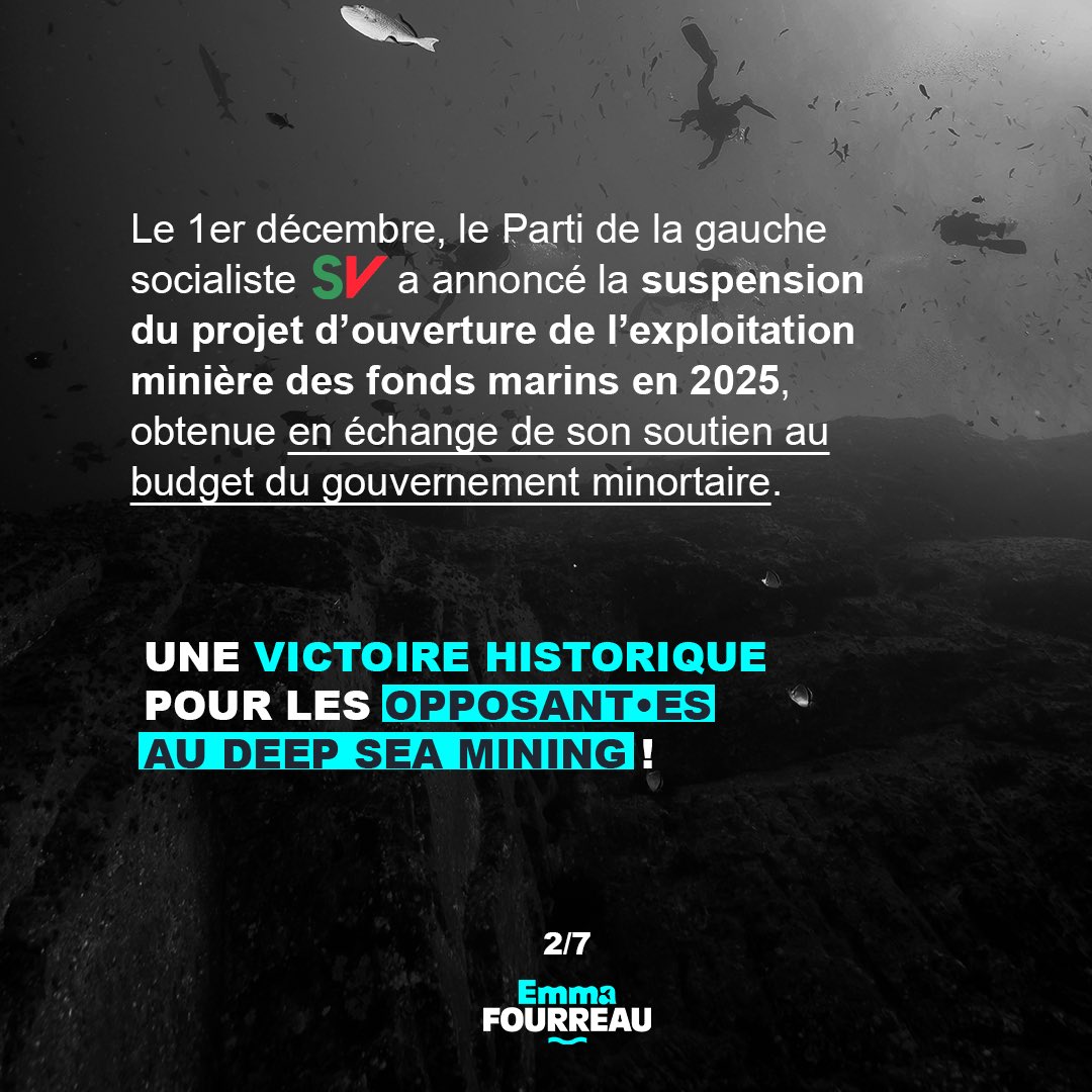 emma_frr's tweet photo. 🌊VICTOIRE : UNE NOUVELLE BOMBE ÉCOLOGIQUE DÉSAMORCÉE 

Le 1er décembre, le Parti de la gauche socialiste (SV) a annoncé la suspension du projet d’ouverture de l’exploitation minière des fonds marins en 2025, obtenue en échange de son soutien au budget du gouvernement minortaire. https://t.co/KkSjAwung3