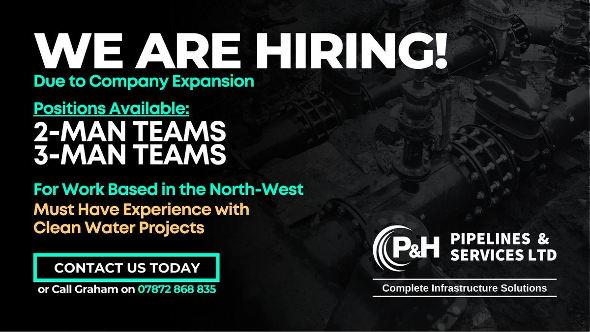 PH_Pipelines's tweet image. We are looking for water teams for immediate starts. Working mainly on Large Diameter Pipelines in the North West! ⚠️

◾️ SSSTS
◾️ Water Hygiene
◾️ SHEA Water
◾️ Must have a Driving Licence
◾️ NRSWA 
◾️ Machine 
◾️ Dumper 
◾️ Telehandler
◾️ Butt and EF Welding
◾️ Safe Dig
