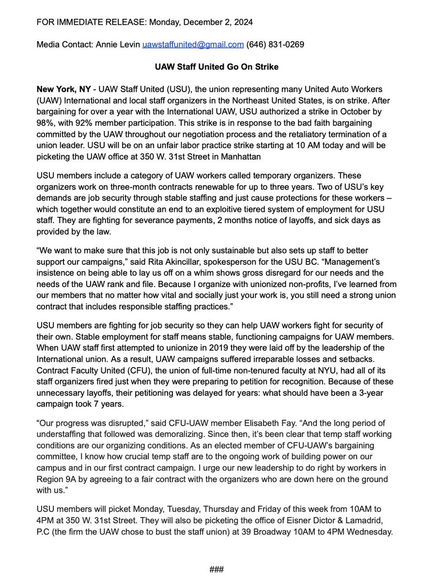 BREAKING: UAW Staff United (USU), the union representing many United Auto Workers (UAW) International and local staff organizers in the Northeast United States, is on strike!