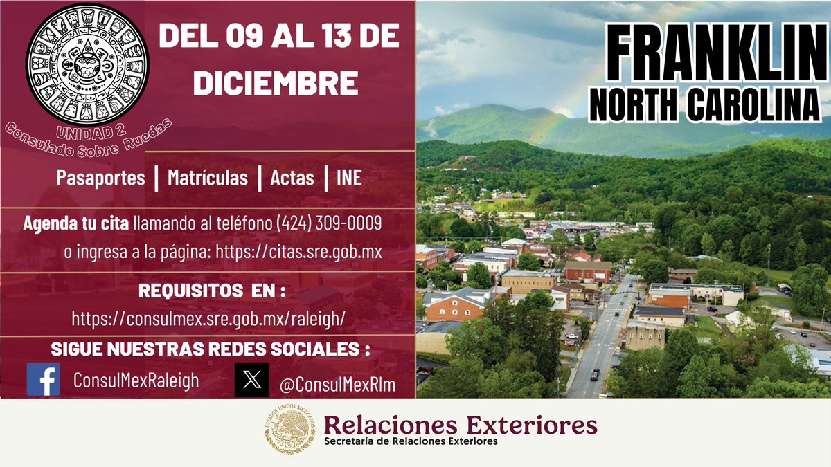 ¡Seguimos en ruta, paisano!🇲🇽

La Unidad 2 del Consulado Sobre Ruedas se dirige a Franklin, Carolina del Norte, del 9 al 13 de diciembre.

Agenda tu cita llamando al (424) 309-0009; enviando mensaje vía WhatsApp al mismo teléfono; o ingresando a citas.sre.gob.mx .