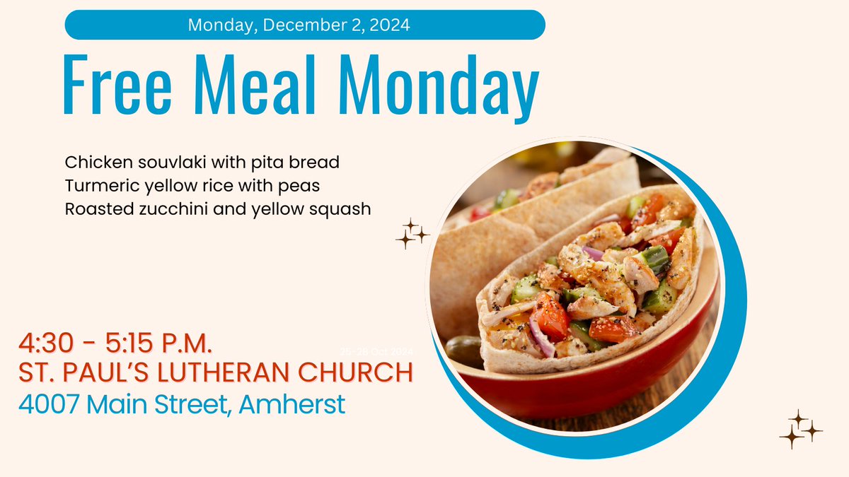 Today's Free Meal Monday menu is chicken souvlaki with pita bread, turmeric yellow rice with peas,  roasted zucchini and yellow squash. Distribution starts at 4:30 at St. Paul's Lutheran Church, 4007 Main Street.