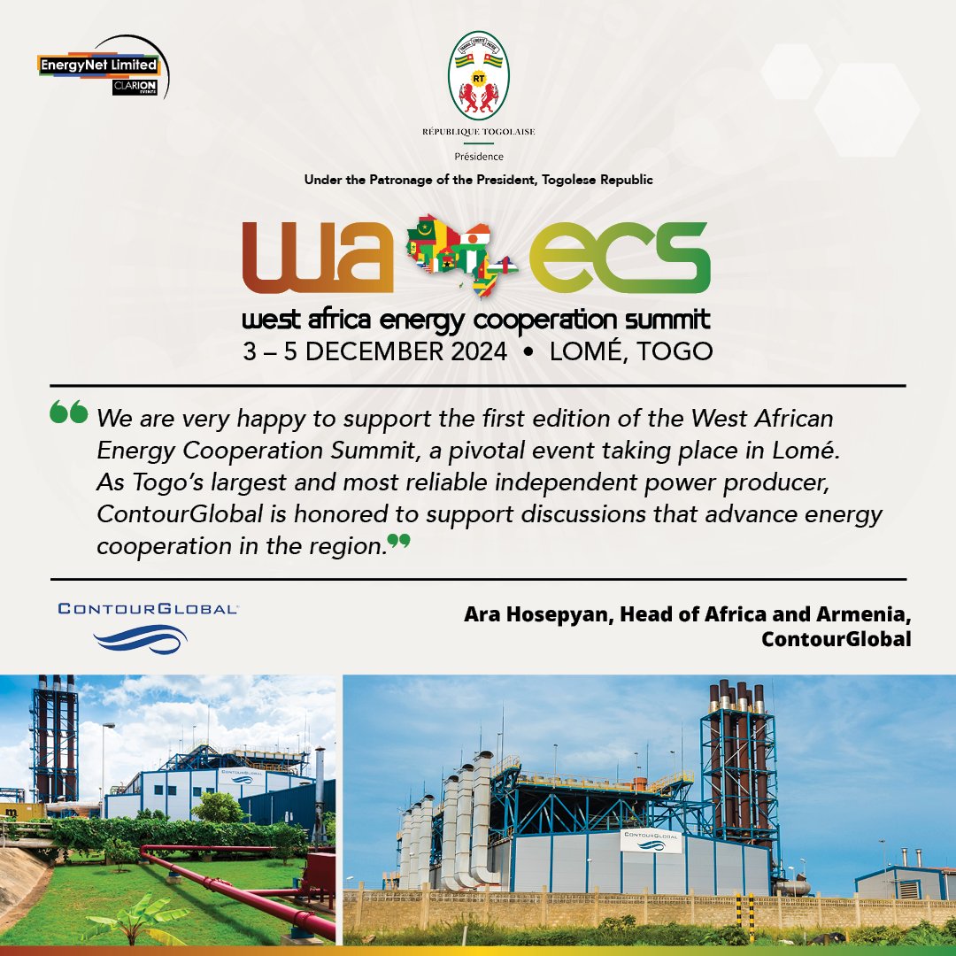 EnergyNet (@energynet_ltd) on Twitter photo Comments from Ara Hosepyan, Head of Africa and Armenia <a href="/ContourOfficial/">ContourGlobal</a> who are a key sponsor of the West Africa Energy Cooperation Summit #WAECS24 taking place in📍Lomé, Togo 📷on the 3-5 December.
Agenda here📷: bit.ly/3TdyRee
#WestAfrica #RenewableEnergy Comments from Ara Hosepyan, Head of Africa and Armenia <a href="/ContourOfficial/">ContourGlobal</a> who are a key sponsor of the West Africa Energy Cooperation Summit #WAECS24 taking place in📍Lomé, Togo 📷on the 3-5 December.
Agenda here📷: bit.ly/3TdyRee
#WestAfrica #RenewableEnergy