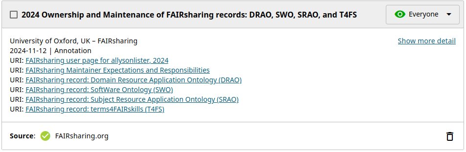@fairsharing.bsky.social (@fairsharing_org) on Twitter photo Did you know that over 100 community #FAIRsharing maintainers just had their 2024 efforts with us pushed to <a href="/ORCID_Org/">ORCID Organization</a>? Here's <a href="/kylecopas/">Kyle Copas @scicomm.xyz/@kylecopas</a> - orcid.org/0000-0002-6590….
Find out more at blog.fairsharing.org/?p=940 about our fantastic record maintainer attribution Did you know that over 100 community #FAIRsharing maintainers just had their 2024 efforts with us pushed to <a href="/ORCID_Org/">ORCID Organization</a>? Here's <a href="/kylecopas/">Kyle Copas @scicomm.xyz/@kylecopas</a> - orcid.org/0000-0002-6590….
Find out more at blog.fairsharing.org/?p=940 about our fantastic record maintainer attribution