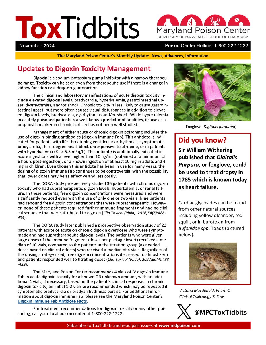 Our latest edition of ToxTidbits on "Updates to Digoxin Toxicity Management", written by our senior toxicology fellow- bit.ly/DigoxinToxMgmt…