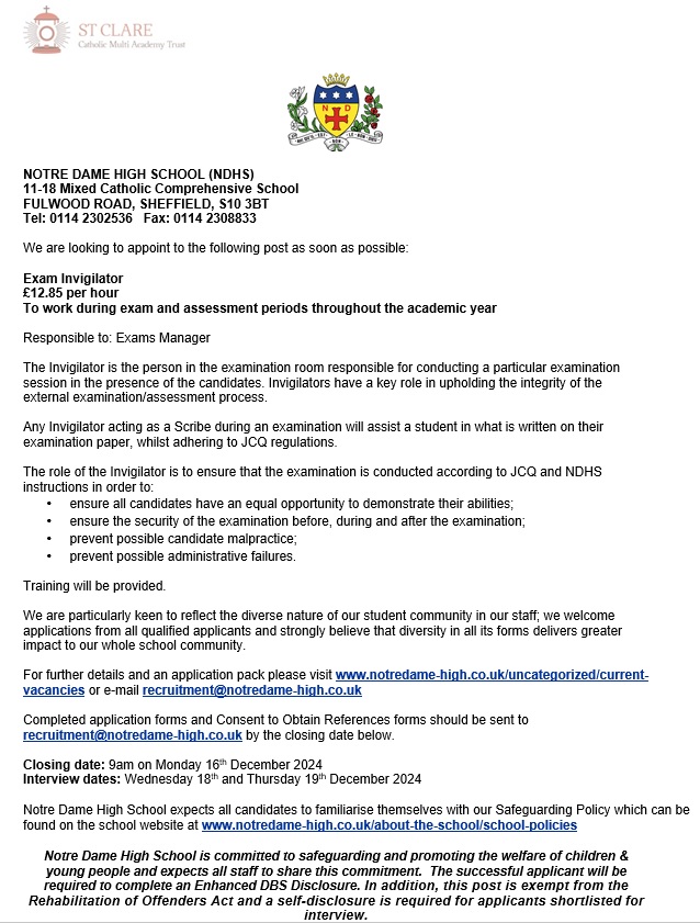 We currently have a #jobopportunity for casual Exam Invigilators to work during exam and assessment periods throughout the academic year. For further information and to apply please visit notredame-high.co.uk/uncategorized/… . Closing date 9am on Monday 16th December.