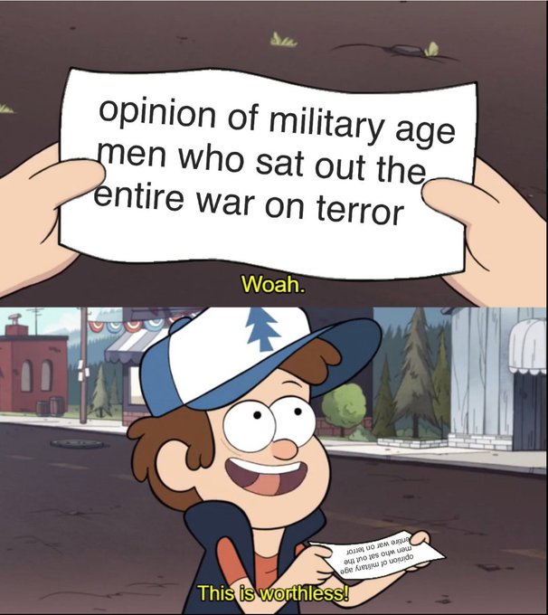 DuffelBlog's tweet photo. Us on Twitter every day, watching people advocate for getting rid of Veterans' benefits. https://t.co/fMGfzmIHee