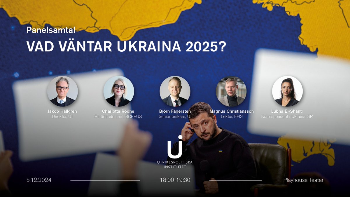 Rysslands fullskaliga invasion av Ukraina har nu pågått i över 1 000 dagar, och under den senaste tiden har såväl kriget som politiken intensifierats. Så vad väntar Ukraina 2025?

Välkommen!

📅 5 dec
🕔 18:00-19:30 
📍 Playhouse Teater, Stockholm

👉 ui.se/evenemang/vad-…