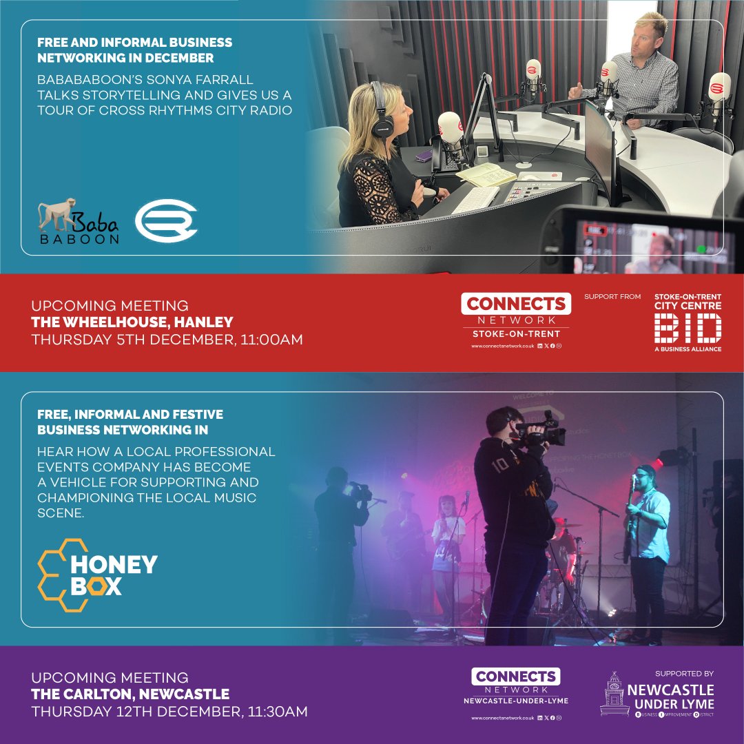 We've got two great informal networking opportunities for Staffordshire coming up this month!

<a href="/babababoon2017/">BabaBaboon2017</a>  at Wheelhouse/Cross Rhythms: eventbrite.com/e/1072937467849

<a href="/honeyboxlive/">honeyboxlive</a> at The Carlton: eventbrite.com/e/1094190847279