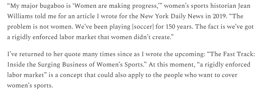 Swarali Patil (@swarali_patil2) on Twitter photo From Jane McManus: Women make, according to various estimates, 80 cents to the dollar that men make. Even less for women of color. The compensation framing around coverage of womenโs sports incentivizes the most experienced reporters to cover menโs sports.
janesports.substack.com/p/equal-pay-foโฆ From Jane McManus: Women make, according to various estimates, 80 cents to the dollar that men make. Even less for women of color. The compensation framing around coverage of womenโs sports incentivizes the most experienced reporters to cover menโs sports.
janesports.substack.com/p/equal-pay-foโฆ