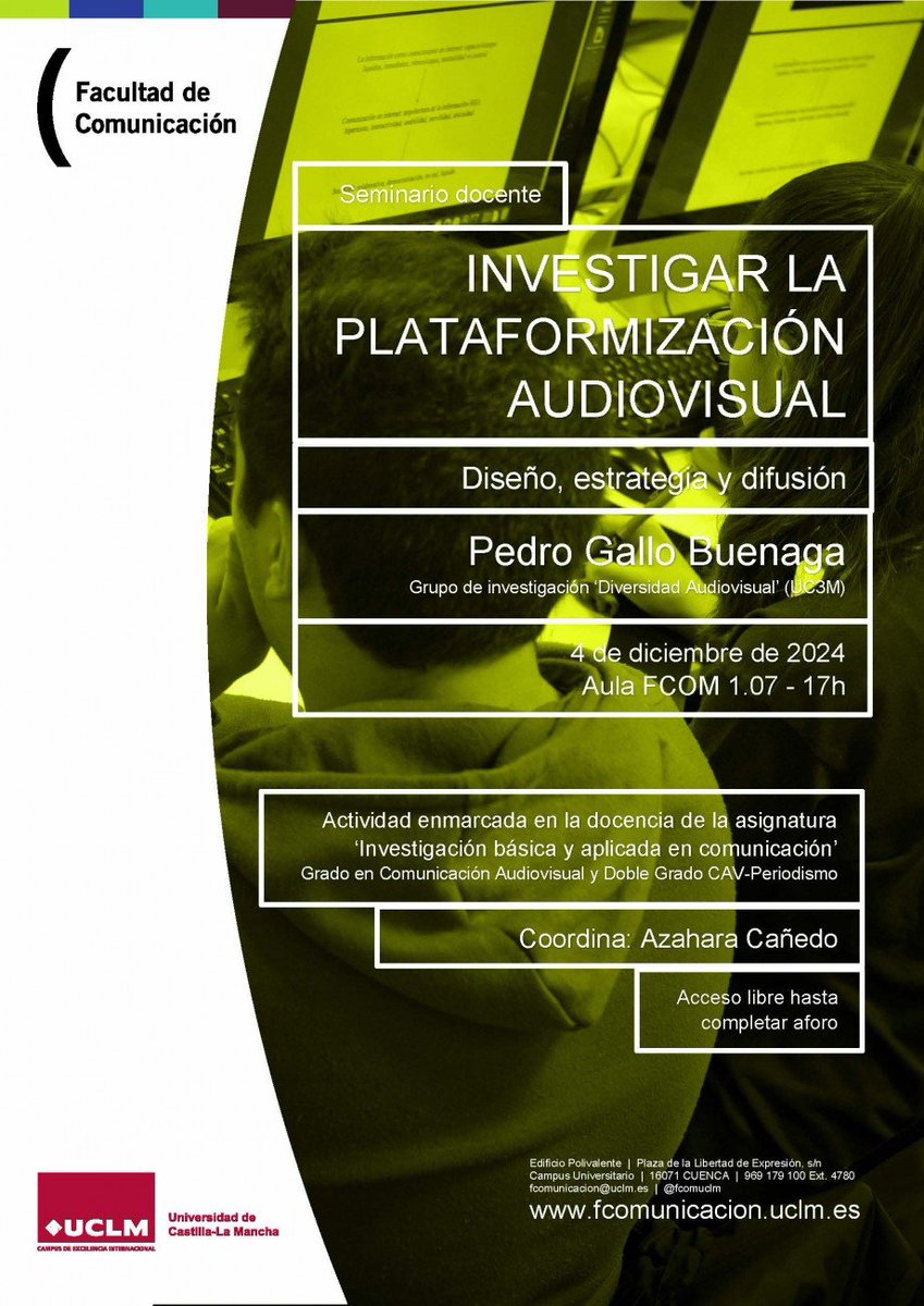 El miércoles nos visitará Pedro Gallo, presente en el grupo de investigación: 'Diversidad Audivosual' (UC3M) a las 17:00 horas.

La actividad está enmarcada en el plan de estudios de la asignatura 'Investigación básica y aplicada en comunicación', impartida por <a href="/AzaharaCanedo/">Azahara Cañedo</a>.