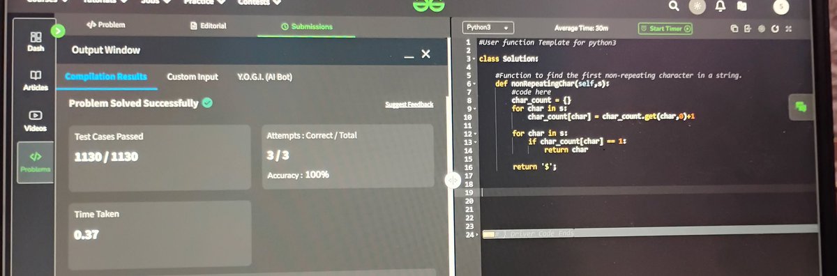 fsuleman5121's tweet photo. Daily streak: Day 15 of #gfg160, solved problem 17: Non-Repeating Character
#geekstreak2024
#gfg160
@geeksforgeeks https://t.co/iHwoCgtjO7