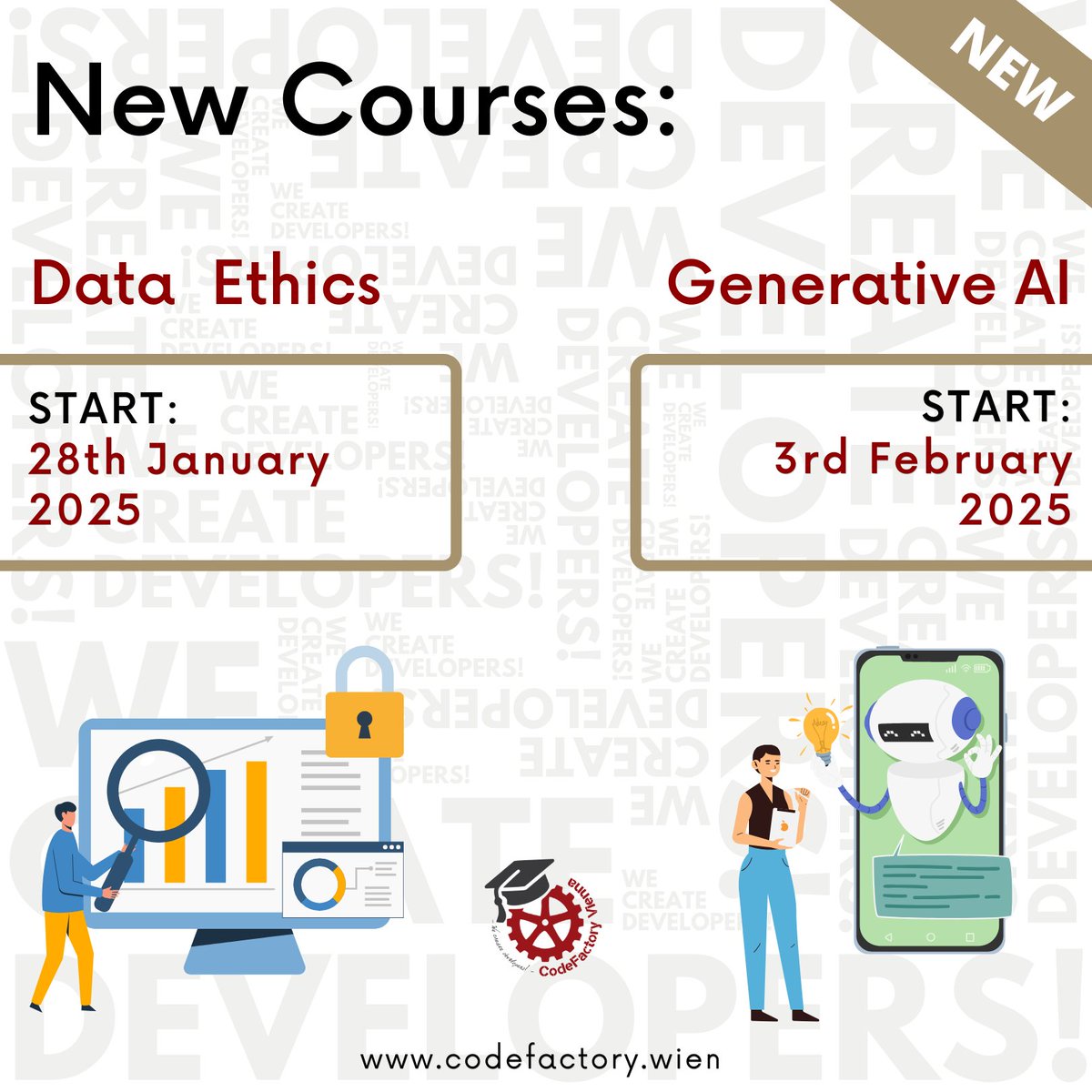 CodeFactoryVIE's tweet image. 🚀 New Courses Alert! 🚀
✨ Generative AI –Learn to create AI tools and chatbots while mastering ethical AI use. Starting 3rd Feb. 2025.🤖
✨ Data Ethics – Dive into data privacy, ethical AI, and responsible practices. Starting 28th Jan. 2025 ⚖️
