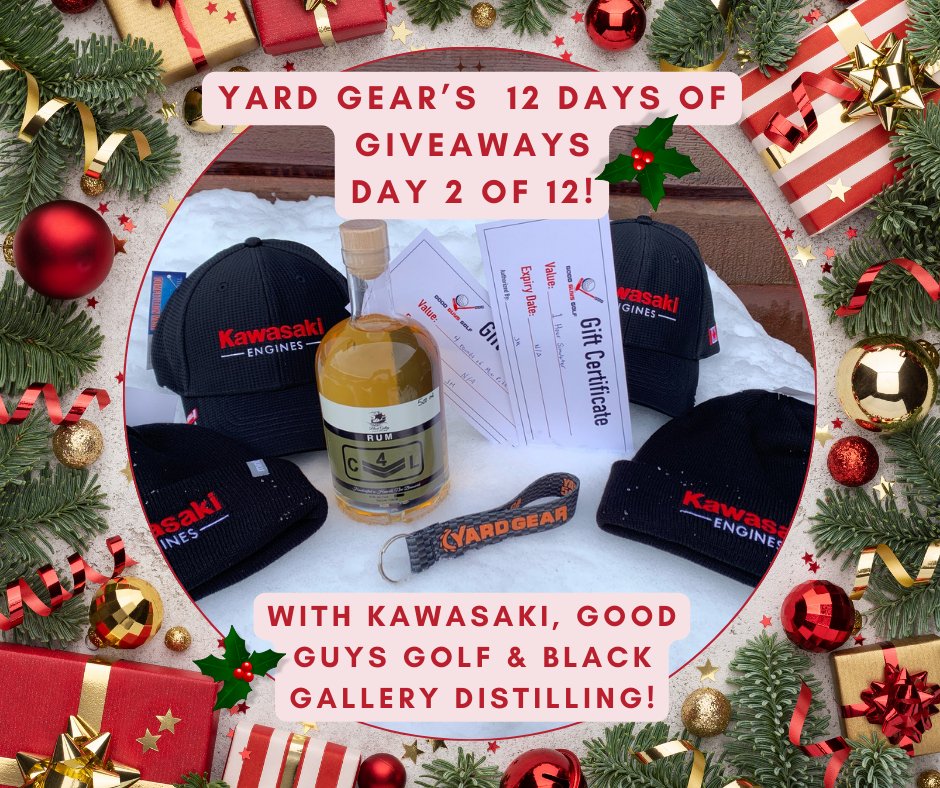 🎄Day 2 of Yard Gear's 12 Days of Giveaways!

Today’s prize pack is brought to you by <a href="/KawasakiUSA/">Kawasaki USA</a> , Good Guys Golf and <a href="/BlackGalley/">Black Galley Distilling</a> 
Another fantastic lineup of goodies to keep the holiday spirit alive!

✨Visit our Facebook page for instructions on how to enter!✨

Good luck!🤞