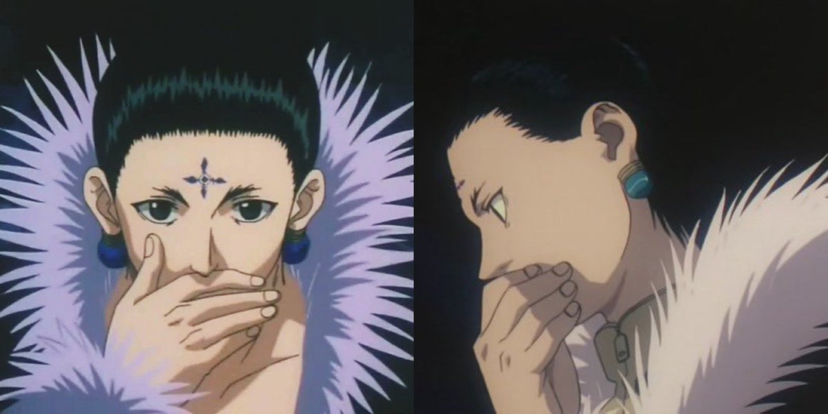 chrollo has a habit of covering his mouth, which is body language for concealing emotions. he’s literally, physically restraining himself to keep up his nonchalant villain act, and i think it’s a neat detail on togashi’s part

or he just likes beatboxing
