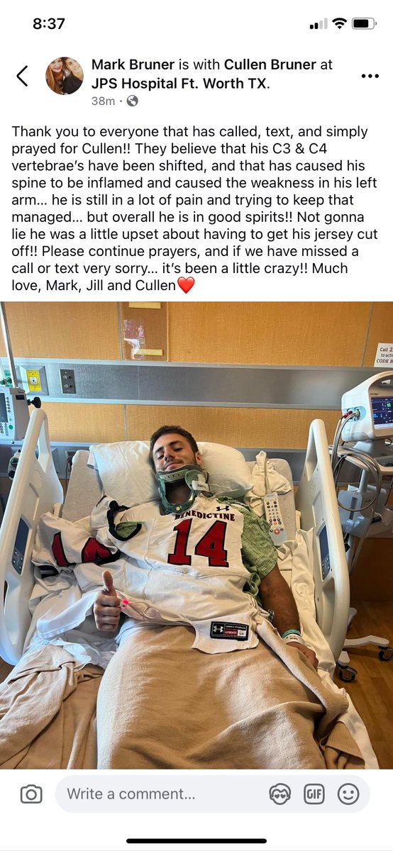 Thanks for everyone’s prayers for our starting punter and kickoff specialist, Cullen Bruner. Cullen’s dad made this post and I wanted to share it. We have had an overwhelming amount of people reach out and pray for Cullen. We are looking forward to getting him back with our team.