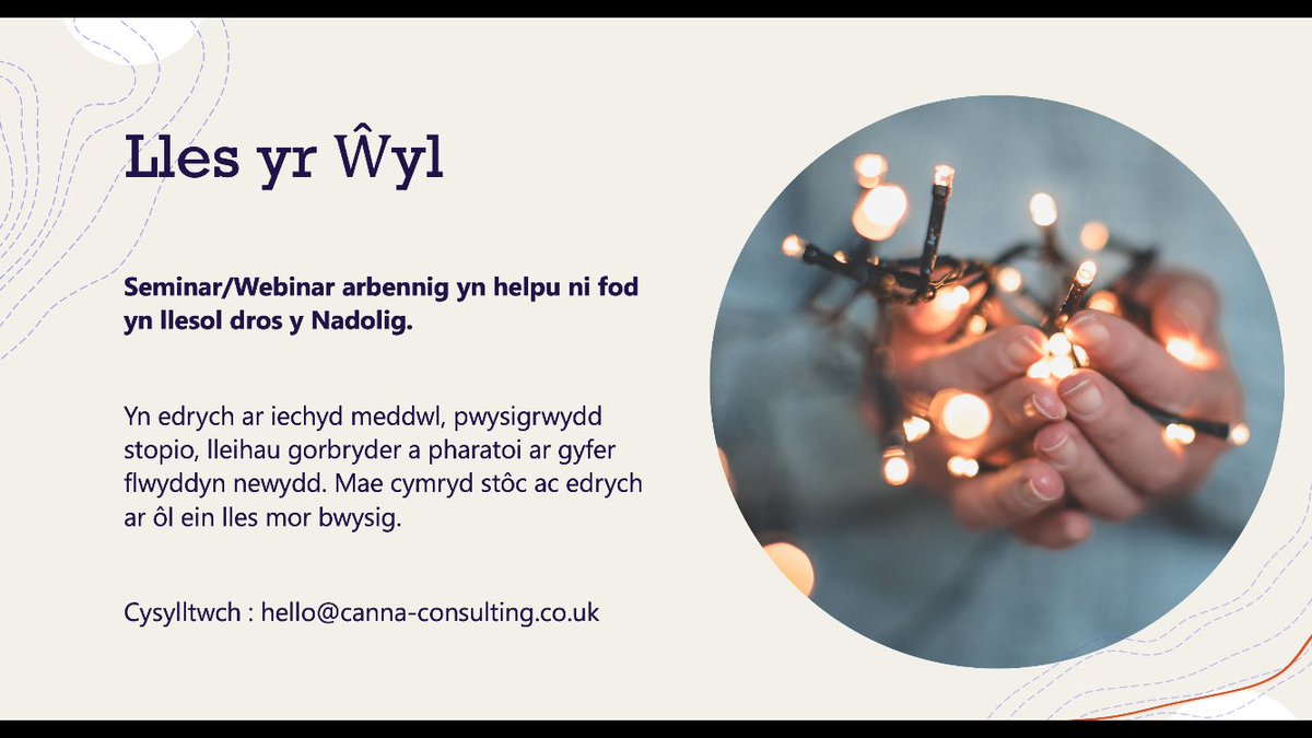 Menter Iaith Sir Benfro (@mentersirbenfro) on Twitter photo Bydd y Fenter yn cynnal sesiwn lles ar-lein yn arwain tuag at y Nadolig ar ddydd Iau, 5ed o Ragfyr rhwng 12:30 a 1:30
Ymunwch â ni ar Zoom am awr dros amser cinio i gael sesiwn o dan ofal @andrewcanna
Cysylltwch ag ymholiad@mentersirbenfro.com i
dderbyn y ddolen Bydd y Fenter yn cynnal sesiwn lles ar-lein yn arwain tuag at y Nadolig ar ddydd Iau, 5ed o Ragfyr rhwng 12:30 a 1:30
Ymunwch â ni ar Zoom am awr dros amser cinio i gael sesiwn o dan ofal @andrewcanna
Cysylltwch ag ymholiad@mentersirbenfro.com i
dderbyn y ddolen