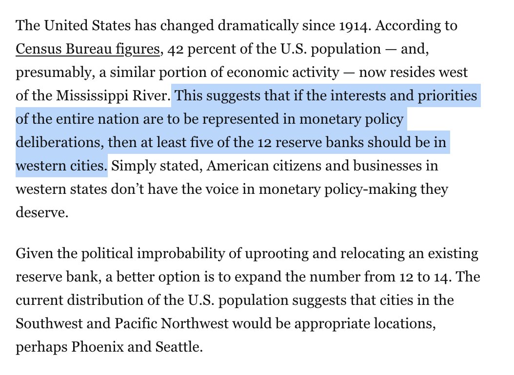 Heather Long (@byheatherlong) on Twitter photo Does the Federal Reserve need more regional banks in the West? The US population and biz are rapidly moving south and west.
<a href="/John_Dearie/">John Dearie</a> argues at least 5 of the 12 reserve banks should be in western cities. (Currently just 3 are).
He suggests adding Seattle and Phoenix. And Does the Federal Reserve need more regional banks in the West? The US population and biz are rapidly moving south and west.
<a href="/John_Dearie/">John Dearie</a> argues at least 5 of the 12 reserve banks should be in western cities. (Currently just 3 are).
He suggests adding Seattle and Phoenix. And