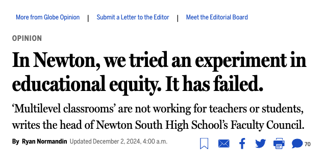 pebonilla's tweet photo. In the name of equity, Newton instituted multilevel classrooms (i.e., not separating on ability), with no plans to measure their success. This assessment by a high school faculty chair is just brutal. A widely despised failure on all levels.
https://t.co/2xIZioirUC https://t.co/CEroDU9EiX