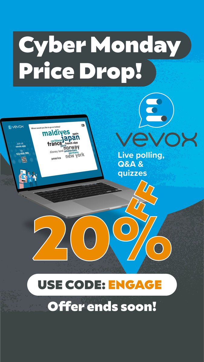 🚨CYBER MONDAY 🚨

Grab yourself a 20% discount off of Pro &amp; Presenter Vevox plans this Cyber Monday!

Just use code: ENGAGE

Full offer t’s &amp; c’s: vevox.com/discount-offer…… 

#cybermonday #deals #discount #edtech #technology #vevox #engage