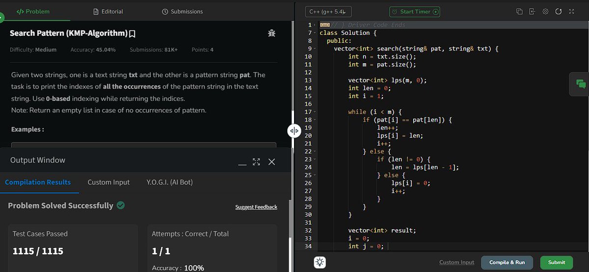 A_Singh_02's tweet image. Day 16 of #gfg160 Mastering pattern matching with the KMP Algorithm! @geeksforgeeks Efficiently search substrings with optimized complexity. #KMPAlgorithm #PatternMatching #GeeksforGeeks #CodingChallenge 🧵#geekstreak2024 #womenintech