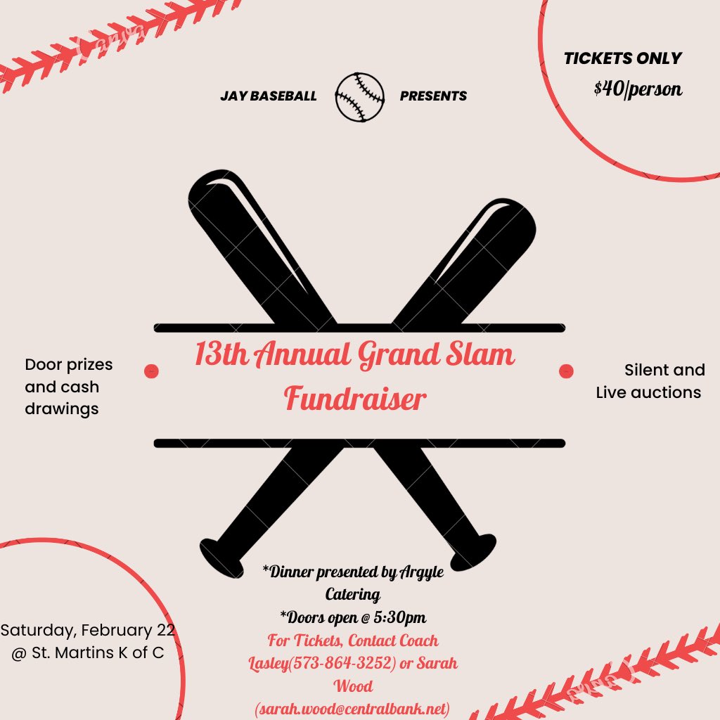 13th Annual Grand Slam Fundraiser! Enjoy a fun night while supporting Jay Baseball. See info below⬇️