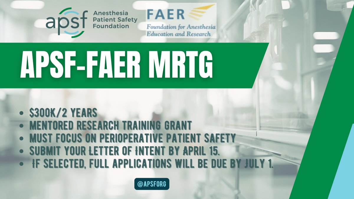 APSForg's tweet photo. 🚨 Big News! Letters of Intent for the 2025 APSF-FAER MRTG are NOW OPEN! 📝✨ Celebrate patient safety innovation &amp; meet our 2025 grant recipients! 

🎥 Watch the full video on 📺

#PatientSafety #Anesthesia #Research #Innovation #APSFGrants #APSF #FAER
https://t.co/Se2UwRZjq0 https://t.co/za0BdbCqjh