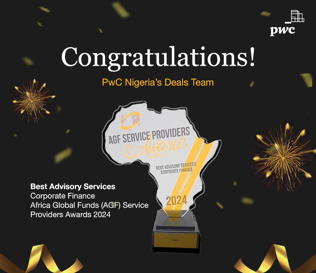 PwC_Nigeria's tweet image. We are #PwCProud to announce that PwC Nigeria has been recognised as the ‘Best Advisory Services: Corporate Finance’ at the 2024 @AfricaGlobFunds Service Providers Awards.

Congratulations to our Deals Team on winning this award!

#CorporateFinance #PwCDeals #DealsAdvisory