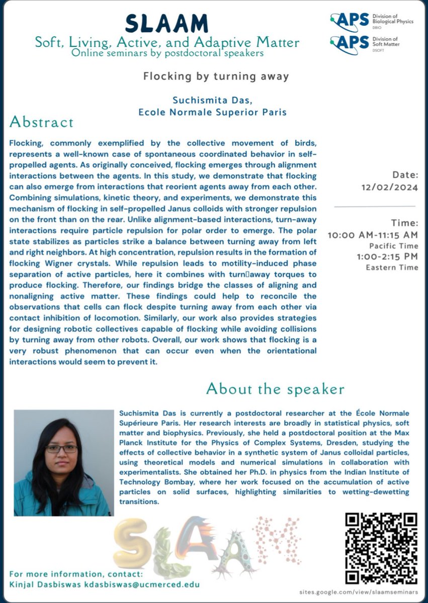 Join us today for a SLAAM seminar, to be given by Dr.  Suchismita Das (ENS Paris) at 10 am PT/1 pm ET.
Title: Flocking by turning away