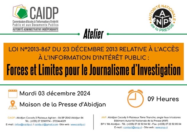 📢 Journalistes, prêts à relever les défis de l’investigation ? 

Rejoignez l’atelier sur l’accès à l’information : échanges pratiques, solutions face aux obstacles &amp; renforcement des compétences. 
📅 03/12/2024, Maison de la Presse d’Abidjan.
#JournalismeInvestigation